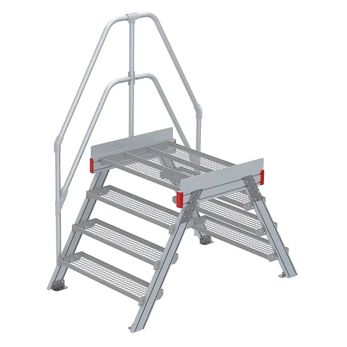 Euroline 512 Überstieg 60° 1000mm Stufenbreite 2x4 Stufen Stahl Gitterrost -  - Tragbare silbergraue Metall-Arbeitsplattform mit Gitterstufen, oberer Plattform und Sicherheitsgeländern.