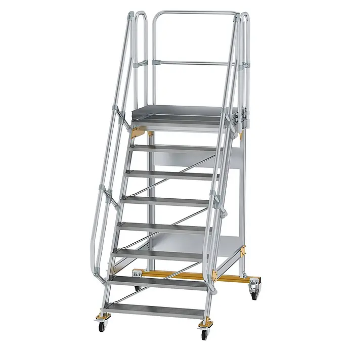 Munk Treppenpodest Plattformtreppe fahrbar 60° Stufenbreite 1000mm 8 Stufen - Anzahl Tritte: 8 Stk., Aluminium - Mobile Arbeitsplattform aus Aluminium mit mehreren Stufen, Handläufen und Rollen.