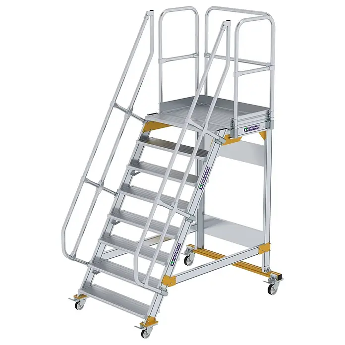 Munk Treppenpodest Plattformtreppe fahrbar 60° Stufenbreite 1000mm 8 Stufen - Anzahl Tritte: 8 Stk., Aluminium - Mobile Aluminium-Arbeitsplattform mit Stufen, Handläufen und Rollen.
