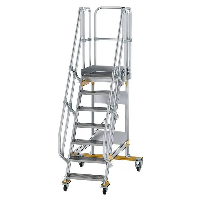 Munk Treppenpodest Plattformtreppe fahrbar 60° Stufenbreite 600mm 7 Stufen - Anzahl Tritte: 7 Stk., Aluminium - Mobile Aluminium-Arbeitsplattform mit rutschfesten Stufen, Handläufen und Lenkrollen für sicheren Höhenzugang.