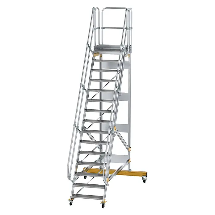 Munk Treppenpodest Plattformtreppe fahrbar 60° Stufenbreite 800mm 15 Stufen - Anzahl Tritte: 15 Stk., Aluminium - Mobile Aluminium-Arbeitsplattform mit Handläufen, breiten Stufen und Rollen für sicheren Zugang.