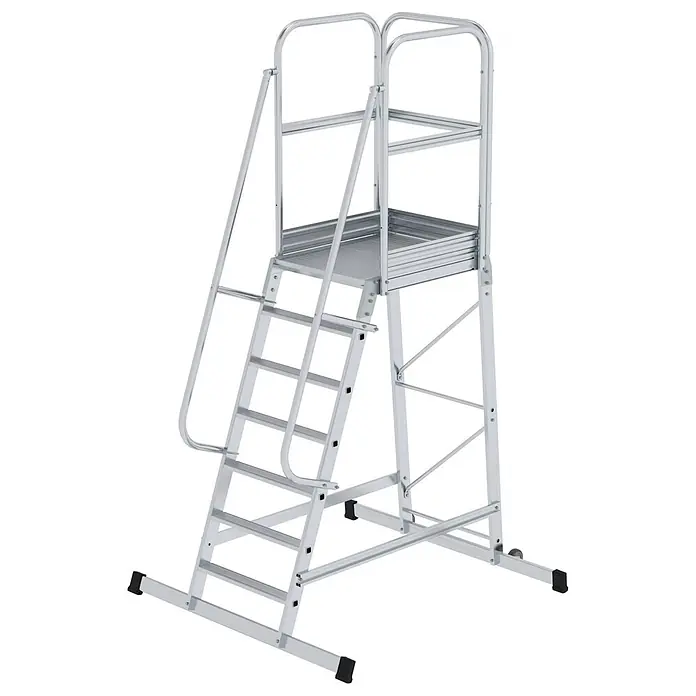 Munk Treppenpodest Podesttreppe einseitig begehbar fahrbar 7 Stufen - Anzahl Tritte: 7 Stk., Aluminium - Mobile Arbeitsplattform aus silbernem Aluminium mit begehbarer Treppe, geräumiger Plattform und Geländer.