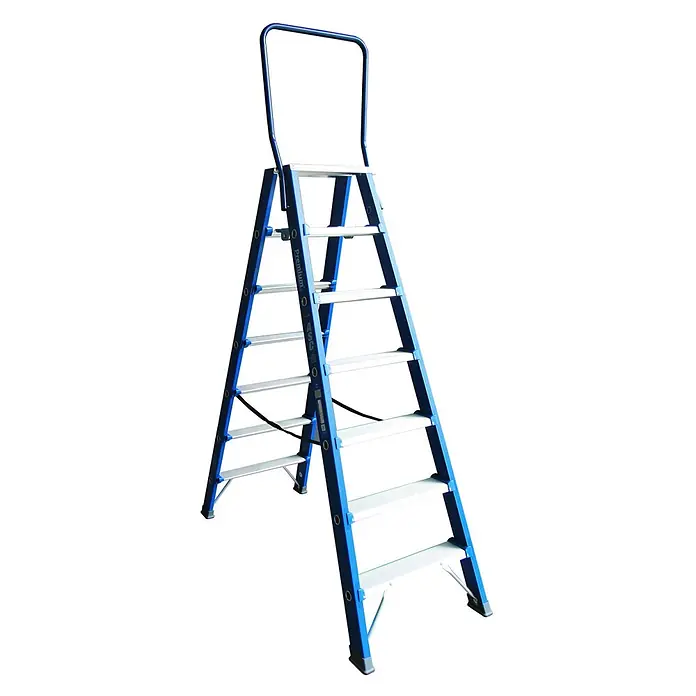 ASC Stehleiter Premium- Stufenstehleiter DT-7 2x7 Stufen mit 3,77m Arbeitshöhe - Anzahl Tritte: 7 Stk., Arbeitshöhe: 3.770 m, Aluminium - Blaue Aluminium-Trittleiter mit 7 Stufen und Sicherheitsbügel.