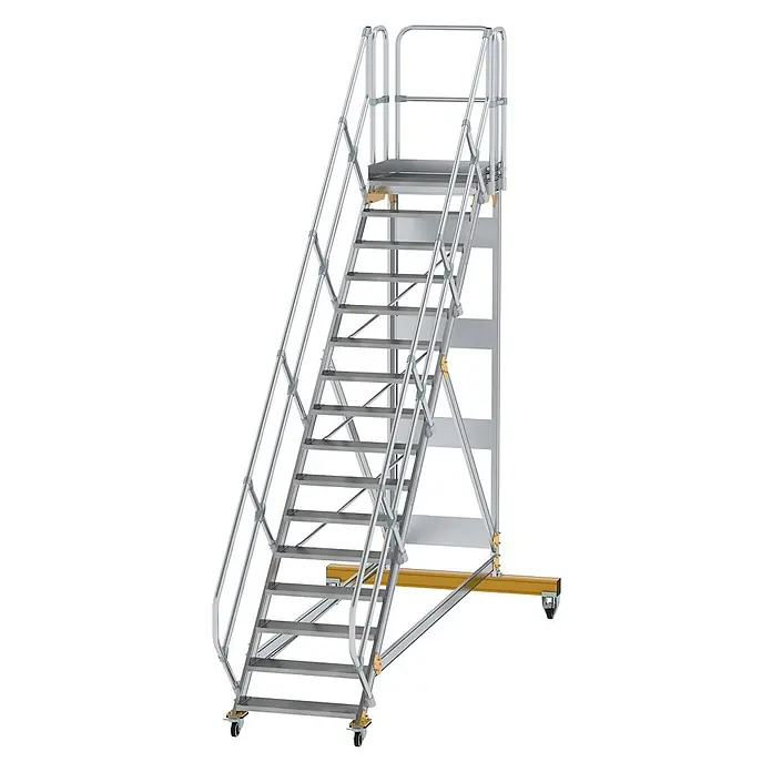 Munk Treppenpodest Plattformtreppe fahrbar 45° Stufenbreite 800mm 16 Stufen - Anzahl Tritte: 16 Stk., Aluminium - Silbergraue mobile Arbeitsplattform aus Aluminium mit Treppe und Geländer, auf gelbem Rollsockel.