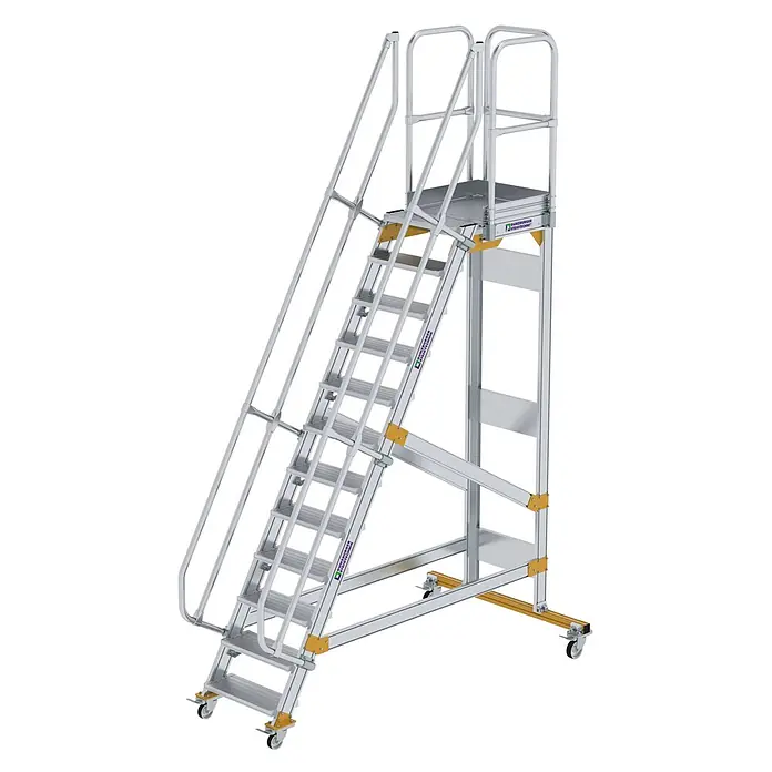 Munk Treppenpodest Plattformtreppe fahrbar 60° Stufenbreite 600mm 12 Stufen - Anzahl Tritte: 12 Stk., Aluminium - Mobile Arbeitsplattform aus Aluminium mit Treppe, Geländern und Rollen für flexiblen Zugang.