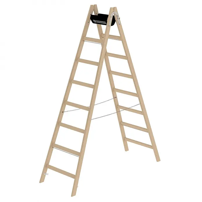 Munk Stehleiter Holz Stehleiter 2x8 Sprossen - Anzahl Tritte: 8 Stk., Arbeitshöhe: 3.600 m, Holz - Hölzerne Stehleiter mit schwarzer Zubehörtasche oben und stabilisierenden Metallketten.