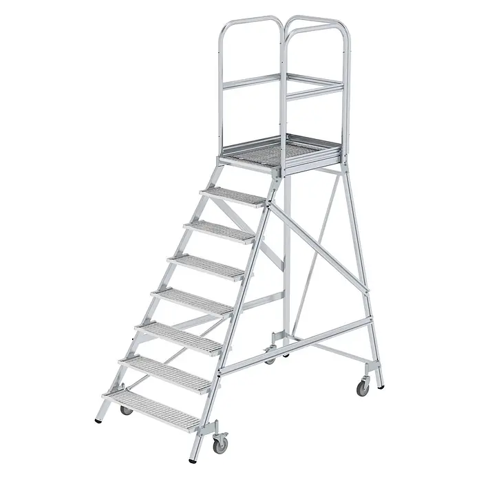 Munk Treppenpodest Podestleiter fahrbar Stahl-Gitterrost 8 Stufen - Anzahl Tritte: 8 Stk., Arbeitshöhe: 3.900 m, Aluminium - Mobile Arbeitsplattform aus silbernem Aluminium mit perforierten Stufen und Geländern, auf Rollen.