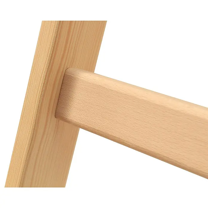 Hymer Stehleiter Holz Sprossenstehleiter mit Eimerhaken 2x10 Sprossen - Anzahl Tritte: 10 Stk., Arbeitshöhe: 4.200 m, Holz - Nahaufnahme einer Holzverbindung, die ein helles vertikales Kiefernstück mit einem glatten horizontalen Buchenstück verbindet.