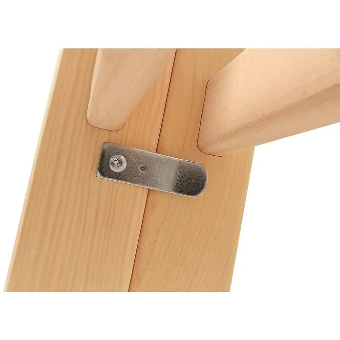 Hymer Stehleiter Holz Sprossenstehleiter mit Eimerhaken 2x10 Sprossen - Anzahl Tritte: 10 Stk., Arbeitshöhe: 4.200 m, Holz - Holzmöbelverbindung mit silberner Metallhalterung, befestigt durch eine Torx-Schraube, die zwei helle Holzteile verbindet.