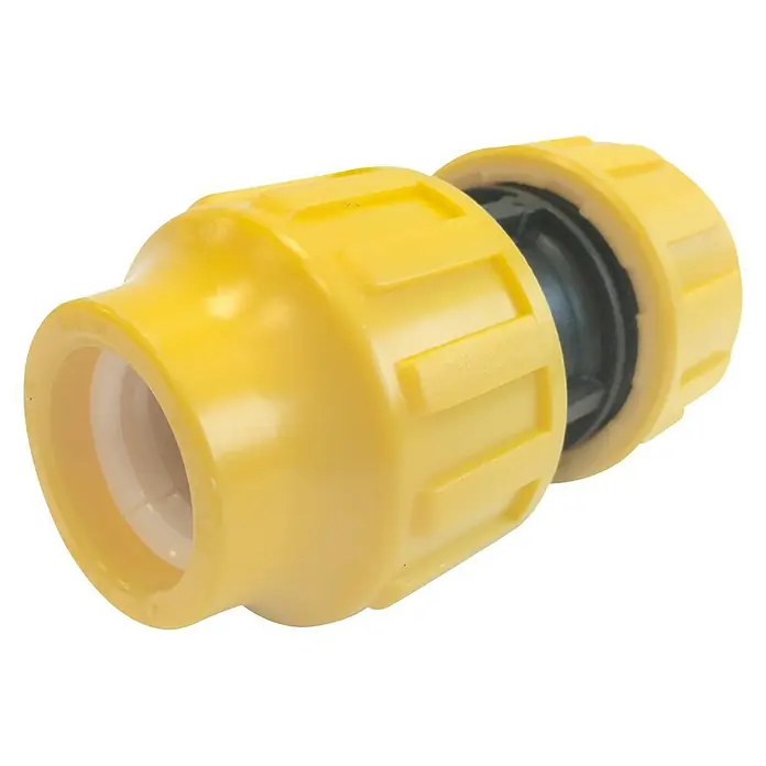 Enlace recto PE - 25 mm, Polietileno - Acoplamiento amarillo para conexiones de tuberías seguras. Ideal para líneas de gas, proporcionando un sello fiable y fácil instalación.