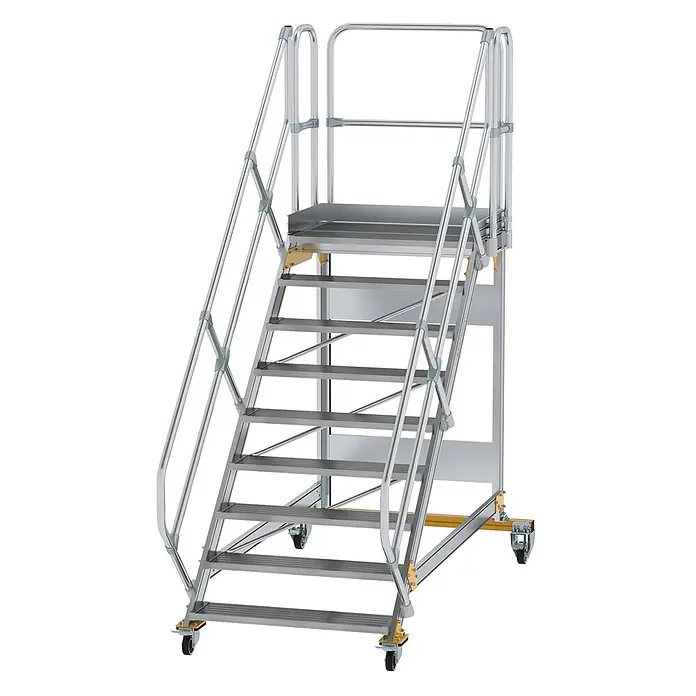 Munk Treppenpodest Plattformtreppe fahrbar 45° Stufenbreite 1000mm 9 Stufen - Anzahl Tritte: 9 Stk., Aluminium - Mobile Arbeitsplattform aus silbernem Aluminium mit mehreren Stufen, Handläufen und Lenkrollen für erhöhten Zugang.