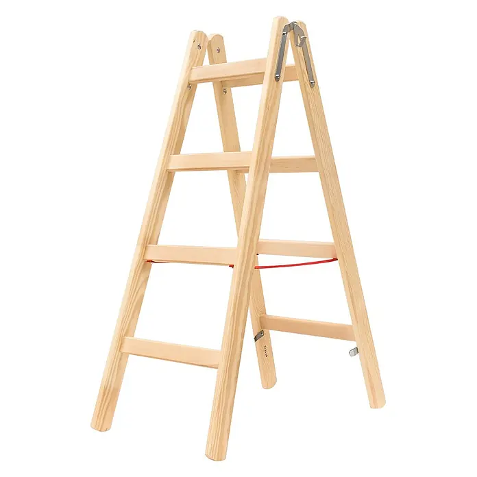 Hymer Stehleiter Holz Sprossenstehleiter mit Eimerhaken 2x4 Sprossen - Anzahl Tritte: 4 Stk., Arbeitshöhe: 2.550 m, Holz - Helle Naturholz-Klappleiter mit rotem Sicherheitsgurt und Metallscharnieren.