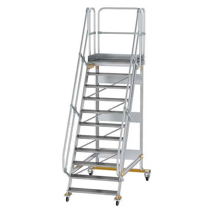 Munk Treppenpodest Plattformtreppe fahrbar 60° Stufenbreite 1000mm 11 Stufen - Anzahl Tritte: 11 Stk., Aluminium - Silberne, mobile Aluminium-Arbeitsplattform mit Treppe, Geländer und Rollen für erhöhten Zugang.
