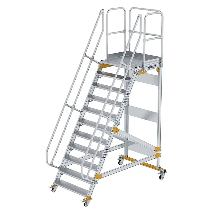 Munk Treppenpodest Plattformtreppe fahrbar 60° Stufenbreite 1000mm 11 Stufen - Anzahl Tritte: 11 Stk., Aluminium - Mobile Aluminium-Arbeitsplattform mit Stufen, Handläufen, Podest, gelben Akzenten und Rollen.