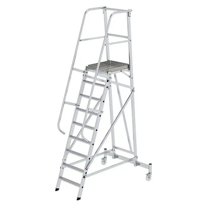 Munk Treppenpodest Plattformleiter fahrbar 9 Stufen - Anzahl Tritte: 9 Stk., Arbeitshöhe: 4.100 m, Aluminium - Silberfarbene Aluminium-Arbeitsplattform mit breiten Stufen, Geländern und Rollen für sichere und einfache Bewegung.