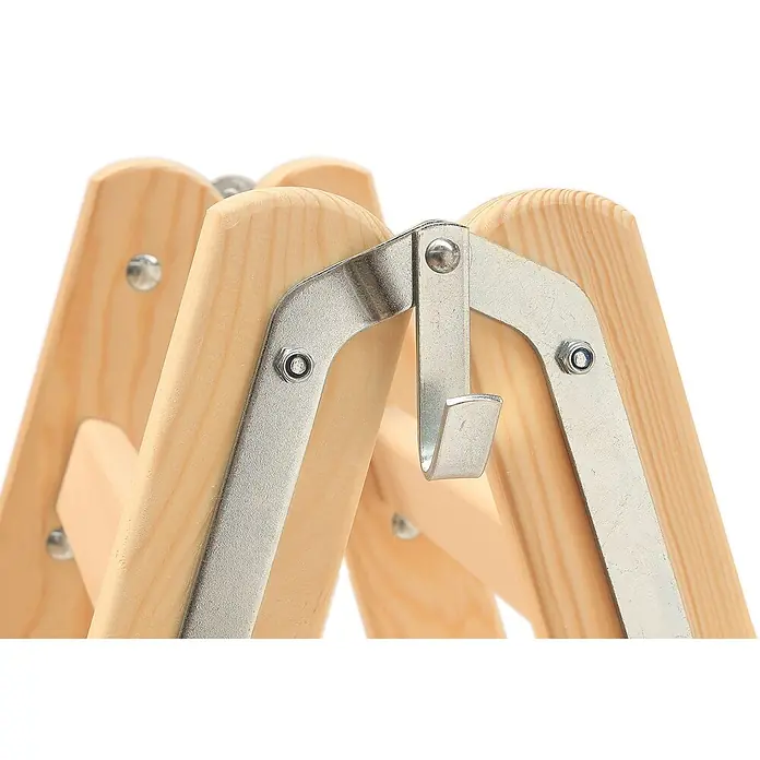 Hymer Stehleiter Holz Sprossenstehleiter mit Eimerhaken 2x10 Sprossen - Anzahl Tritte: 10 Stk., Arbeitshöhe: 4.200 m, Holz - Heller Holzrahmen mit silbernen Metallscharnieren und integriertem Haken.