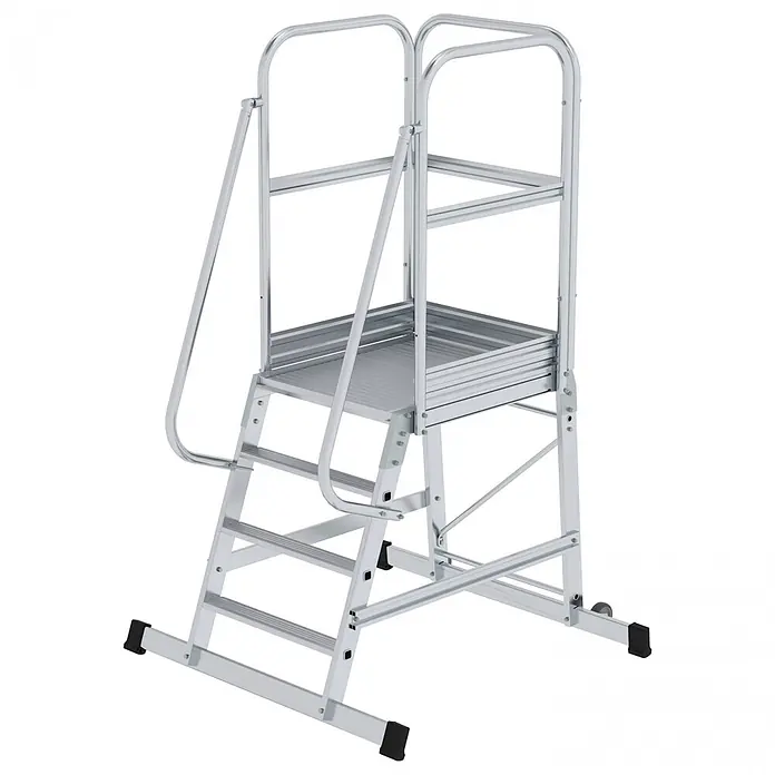 Munk Treppenpodest Podesttreppe einseitig begehbar fahrbar 4 Stufen - Anzahl Tritte: 4 Stk., Aluminium - Mobile Arbeitsplattform aus silbernem Aluminium mit Stufen, Podest und Handläufen für sicheren Zugang.