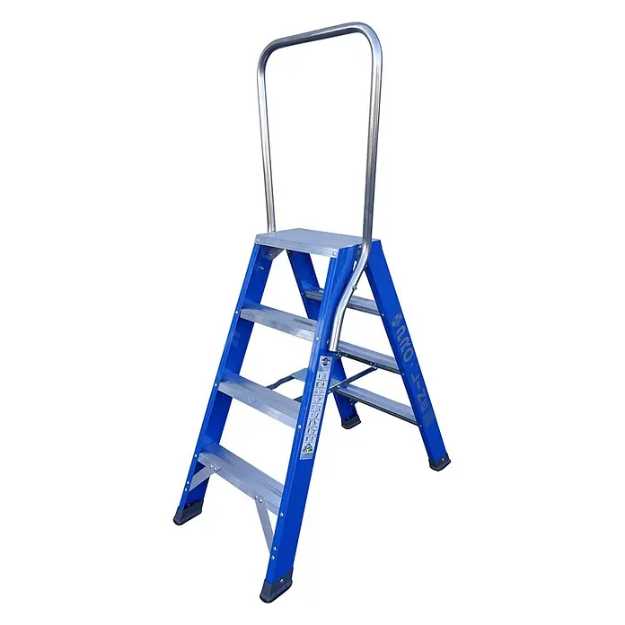 ASC Stehleiter Pro-Line XD-Stufenstehleiter DT-4 doppelseitig 4 Stufen mit 3,00m Arbeitsh� - Anzahl Tritte: 4 Stk., Arbeitshöhe: 3.010 m, Aluminium - Blaue und silberne 4-Stufen-Leiter mit Sicherheitsbügel und rutschfesten Füßen, für sicheres Arbeiten in der Höhe.