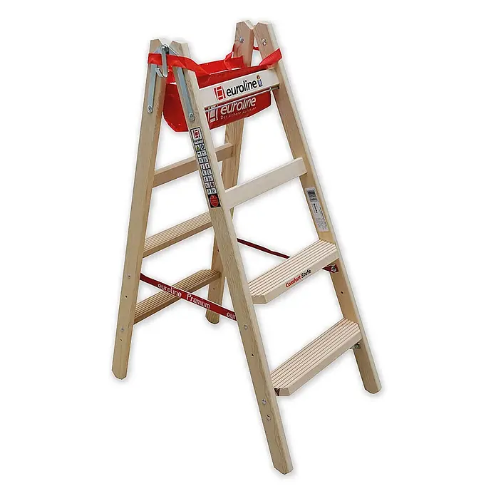 Euroline Stehleiter Holz Stufenstehleiter mit Comfort-Stufen mit Werkzeugablage 2x4 Stufen - Anzahl Tritte: 4 Stk., Arbeitshöhe: 2.500 m, Holz - Holz-Klappleiter mit breiten, geriffelten Komfortstufen, rotem Sicherungsband und Metallscharnieren.