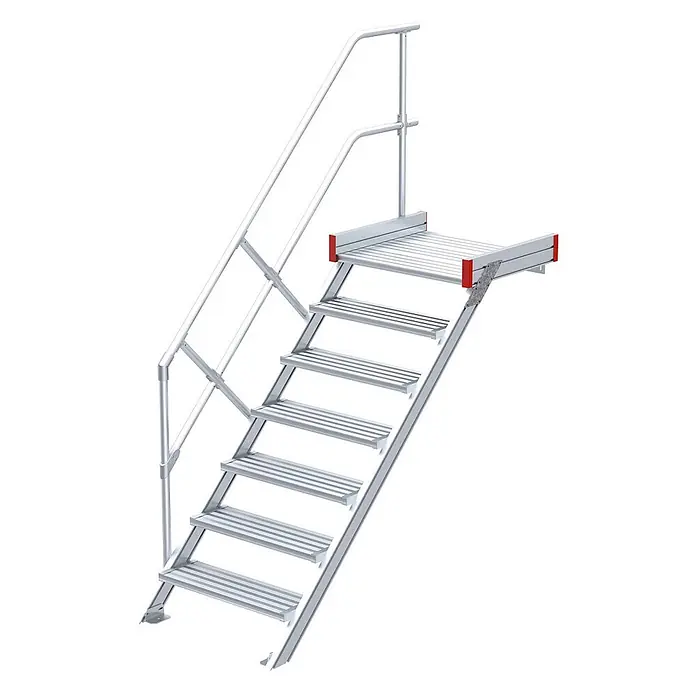 Euroline Treppenpodest 511 Podesttreppe 45° 800mm Stufenbreite 7 Stufen Alu gerieft -  - Silberne Aluminium-Zugangstreppe mit Podest und Handlauf, für sicheren Aufstieg konzipiert.