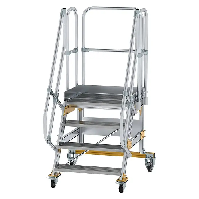 Munk Treppenpodest Plattformtreppe fahrbar 60° Stufenbreite 800mm 4 Stufen - Anzahl Tritte: 4 Stk., Aluminium - Mobile Aluminium-Sicherheitsleiter mit mehreren Stufen, Plattform, Handläufen und Rollen für einfache Bewegung.