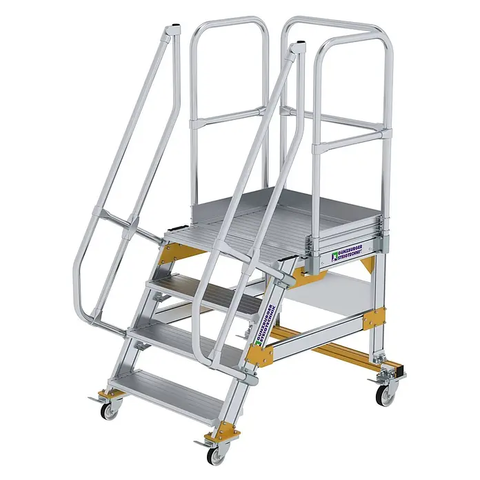 Munk Treppenpodest Plattformtreppe fahrbar 60° Stufenbreite 800mm 4 Stufen - Anzahl Tritte: 4 Stk., Aluminium - Mobile Arbeitsplattform aus silbernem Aluminium mit Stufen, Handläufen und gelben Akzenten, ausgestattet mit Rollen.