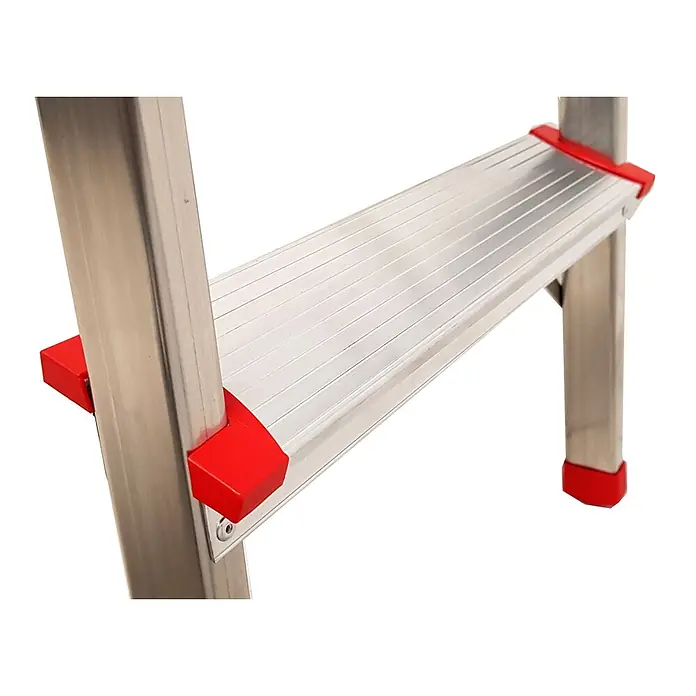 Munk Stehleiter Doppelleiter 2x6 Stufen - Anzahl Tritte: 6 Stk., Arbeitshöhe: 2.950 m, Aluminium - Aluminiumleiterstufe mit roten Endkappen und geriffelter, rutschfester Trittfläche.