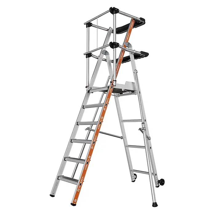 Siedra-Leitern Treppenpodest Stufen Plattformleiter mit Fallschutzschienen und halbautomatischem Schlie� - Anzahl Tritte: 6 Stk., Arbeitshöhe: 3.170 m, Belastbarkeit: 150 kg, Aluminium - Mobile Arbeitsplattform aus silbernem Aluminium mit Sicherheitsgeländern, breiter Plattform und orangefarbenen TUBESCA-Markierungen, mit Rollen auf einer Seite.