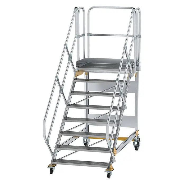 Munk Treppenpodest Plattformtreppe fahrbar 45° Stufenbreite 1000mm 8 Stufen - Anzahl Tritte: 8 Stk., Aluminium - Mobile Aluminium-Arbeitsbühne mit Treppe und Geländer, obenliegender Plattform und Lenkrollen für einfache Verschiebung.