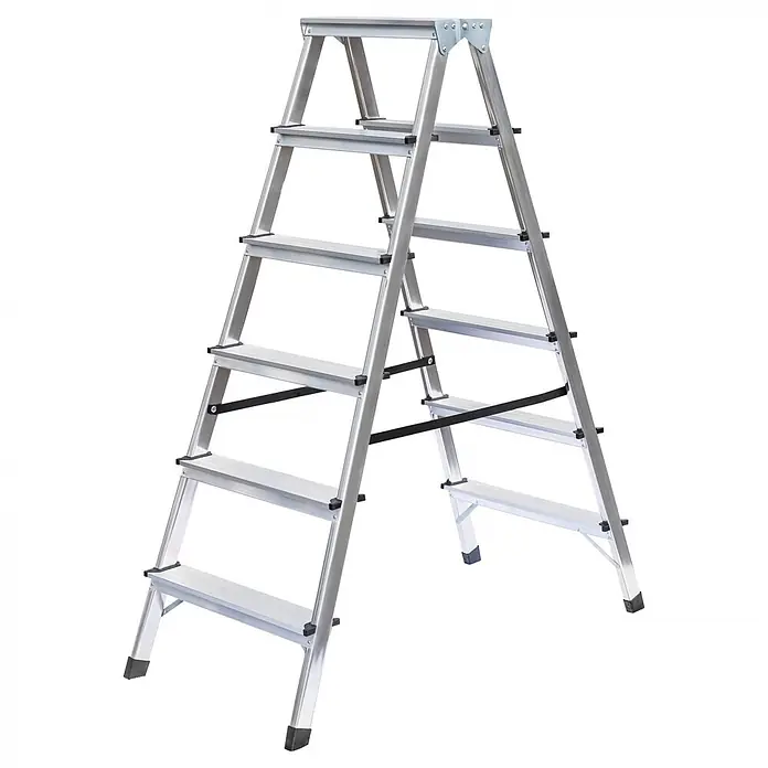 Munk Stehleiter Doppelleiter 2x6 Stufen - Anzahl Tritte: 6 Stk., Arbeitshöhe: 2.950 m, Aluminium - Silberne Aluminium-Klappleiter mit 6 Stufen, schwarzen Antirutschfüßen und Haltegurten.