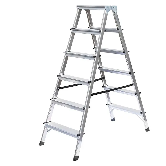 Munk Stehleiter Doppelleiter 2x6 Stufen - Anzahl Tritte: 6 Stk., Arbeitshöhe: 2.950 m, Aluminium - Silberfarbene Aluminium-Klappleiter mit mehreren Stufen und schwarzen Anti-Rutsch-Füßen.