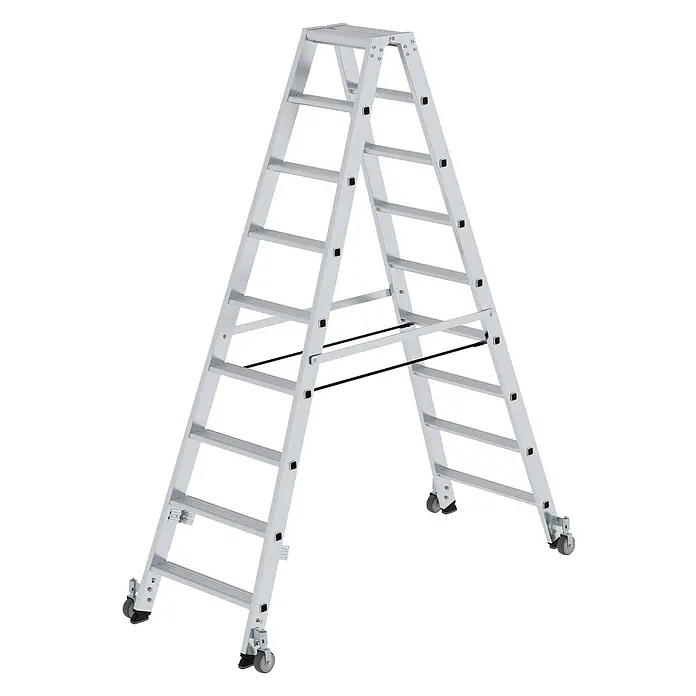 Munk Stehleiter Stehleiter beidseitig begehbar mit Rollen 2x9 Stufen - Anzahl Tritte: 9 Stk., Arbeitshöhe: 3.750 m, Aluminium - Silberne Aluminium-Klappleiter mit Rollen und Stabilisierungsstangen.