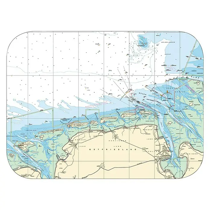 Navyline Tisch-Set - L x B: 40 x 30 cm, Borkum-Helgoland - Seekarte der deutschen Nordseeküste, die die Küstenlinie, Inseln und Wasserwege der Region zeigt. Navigationsdetails und geografische Merkmale sind deutlich dargestellt.
