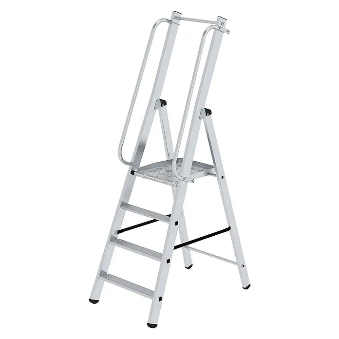 Munk Stehleiter ML Bauleiter Aluminium-Stufenstehleiter 4 Stufen - Anzahl Tritte: 4 Stk., Arbeitshöhe: 2.890 m, Aluminium - Silberne Aluminium-Arbeitsplattformleiter mit breiten, rutschfesten Stufen und Sicherheitsgeländer.