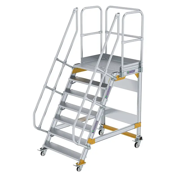 Munk Treppenpodest Plattformtreppe fahrbar 60° Stufenbreite 1000mm 7 Stufen - Anzahl Tritte: 7 Stk., Aluminium - Mobile Arbeitsplattform aus Aluminium mit Treppe, Geländern, gelben Akzenten und Rollen zur einfachen Positionierung.