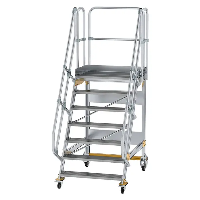 Munk Treppenpodest Plattformtreppe fahrbar 60° Stufenbreite 1000mm 7 Stufen - Anzahl Tritte: 7 Stk., Aluminium - Mobile silberne Arbeitsplattform mit rutschfesten Stufen, Handläufen und feststellbaren Lenkrollen.