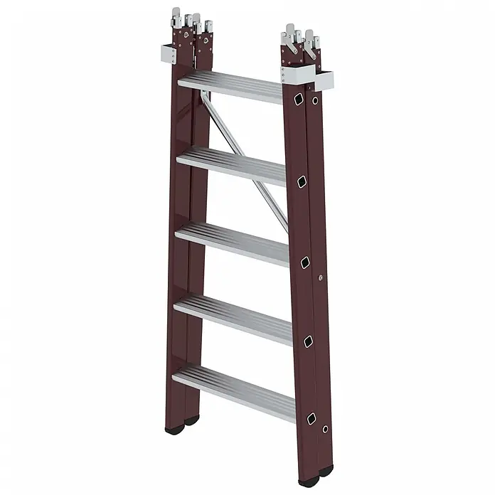 Munk Treppenpodest Einsteckteil Plus 5 Stufen für steckbare Plattformleiter - Aluminium - Braune Mehrzweckleiter mit silbernen Stufen.