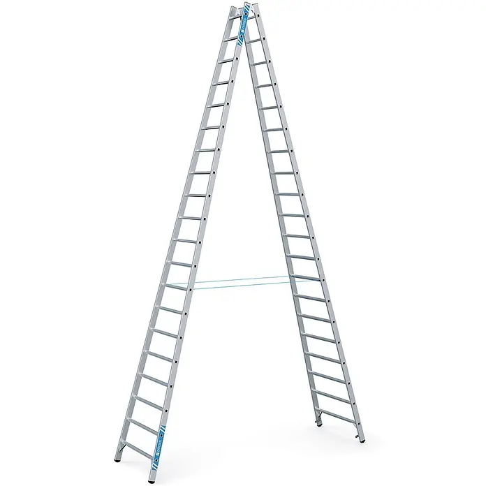 Zarges Stehleiter Sprossenstehleiter Coni B 2x20 Sprossen - Anzahl Tritte: 20 Stk., Arbeitshöhe: 6.700 m, Aluminium - Silberne Aluminium-A-Leiter, sicher für den unabhängigen Einsatz konfiguriert.
