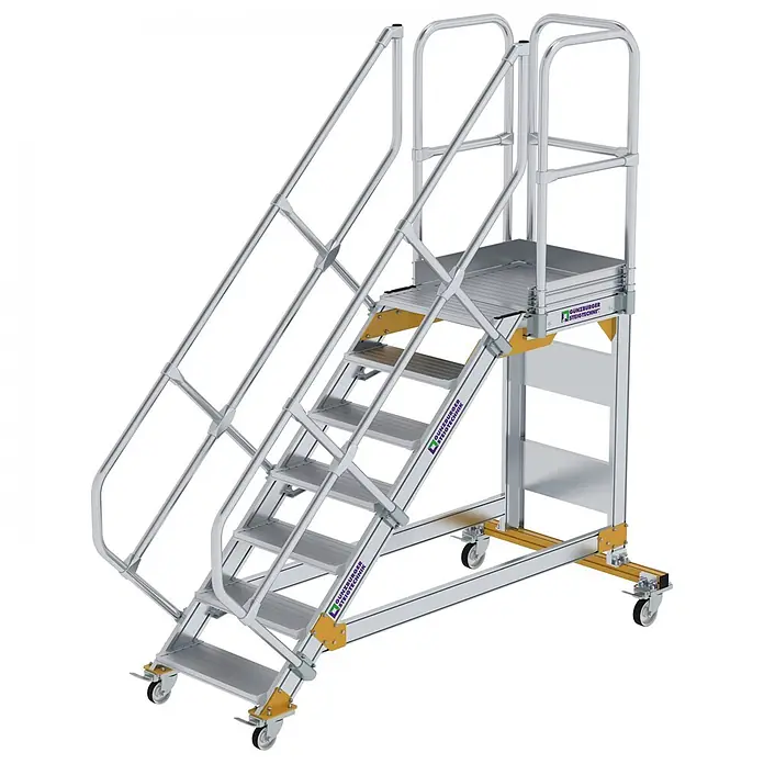 Munk Treppenpodest Plattformtreppe fahrbar 45° Stufenbreite 600mm 7 Stufen - Anzahl Tritte: 7 Stk., Aluminium - Mobile Aluminium-Arbeitsplattform mit rutschfesten Stufen, Handläufen und gelben Akzenten für sicheren Höhenzugang.