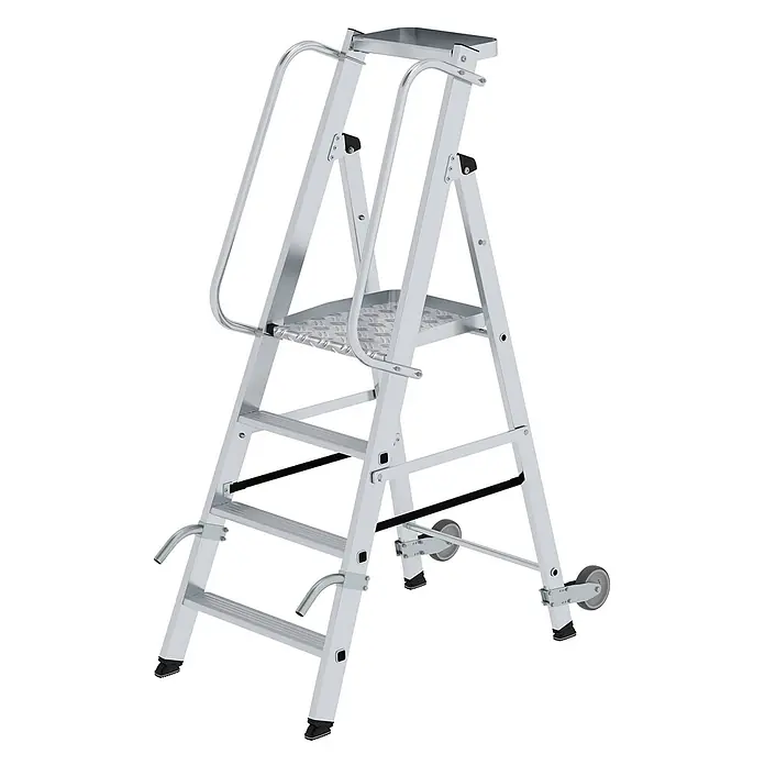 Munk Stehleiter Aluminium-Stehleiter mit Rollen und Griff 4 Stufen - Anzahl Tritte: 4 Stk., Arbeitshöhe: 2.950 m, Aluminium - Silberne Aluminium-Plattformleiter mit Handläufen und Rollen für einfache Mobilität.