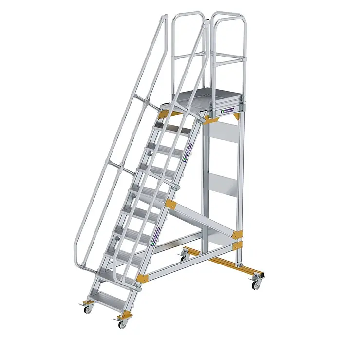 Munk Treppenpodest Plattformtreppe fahrbar 60° Stufenbreite 600mm 10 Stufen - Anzahl Tritte: 10 Stk., Aluminium - Mobile Aluminium-Arbeitsplattform mit Stufen, Plattform, Sicherheitsgeländer und Rollen, mit gelben Akzenten.