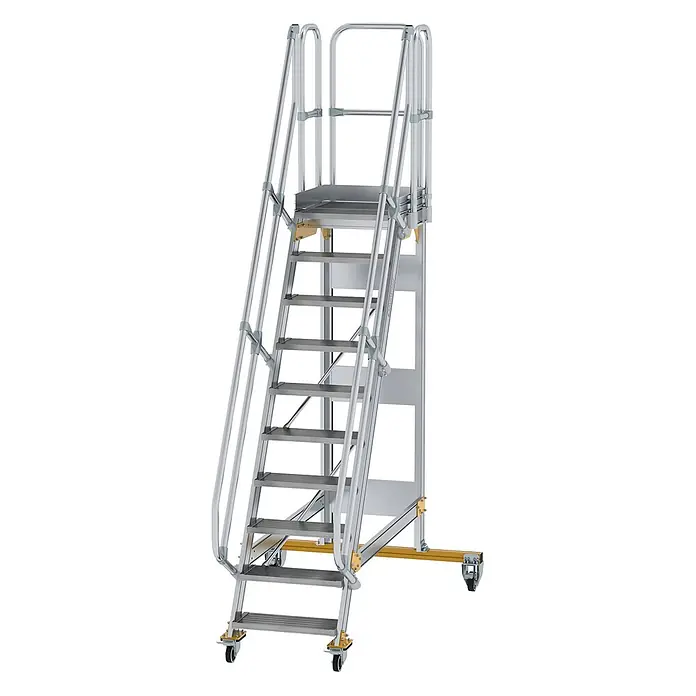 Munk Treppenpodest Plattformtreppe fahrbar 60° Stufenbreite 600mm 10 Stufen - Anzahl Tritte: 10 Stk., Aluminium - Mobile Aluminium-Arbeitsplattform mit Sicherheitsgeländern, rutschfesten Stufen und Lenkrollen für flexiblen Einsatz.