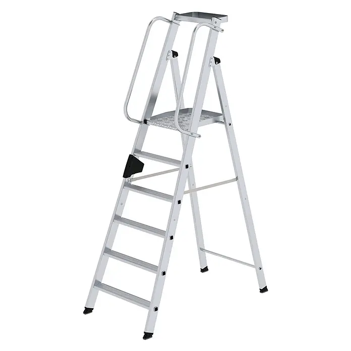 Munk Stehleiter Aluminium-Stehleiter 6 Stufen - Anzahl Tritte: 6 Stk., Arbeitshöhe: 3.400 m, Aluminium - Silberne Aluminium-Klappleiter mit rutschfester Plattform, Sicherheitsbügeln und breiten Stufen.