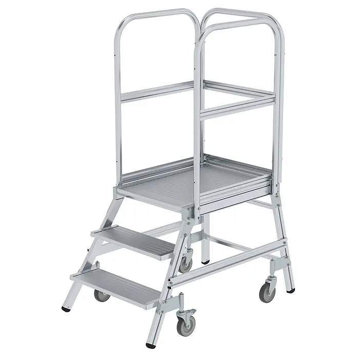 Munk Treppenpodest Podestleiter fahrbar Aluminium geriffelt 3 Stufen - Anzahl Tritte: 3 Stk., Arbeitshöhe: 2.700 m, Aluminium - Silberfarbene mobile Aluminium-Sicherheits-Arbeitsplattform mit zwei Stufen, breiter Plattform, Handläufen und Lenkrollen.