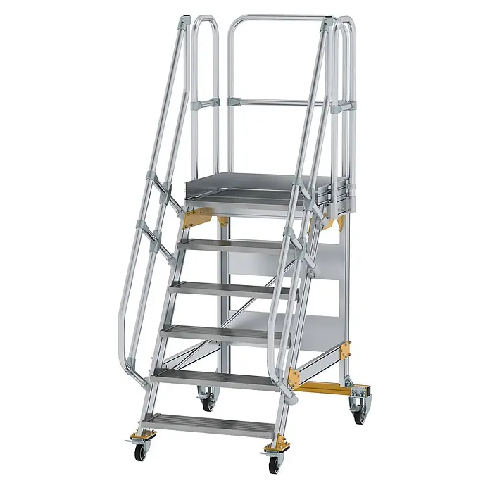 Munk Treppenpodest Plattformtreppe fahrbar 60° Stufenbreite 800mm 6 Stufen - Anzahl Tritte: 6 Stk., Aluminium - Silberne fahrbare Arbeitsplattform mit mehreren Stufen, Handläufen und Rädern für sicheren Zugang.