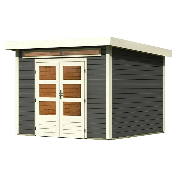 Karibu Gartenhaus Kandern 6 - Außenmaß inkl. Dachüberstand (B x T): 305 x 303 cm, Holz, Terragrau - Abbildung eines modernen Gerätehauses mit Doppeltür und Oberlicht. Das Gerätehaus ist dunkelgrau mit weißen Akzenten.