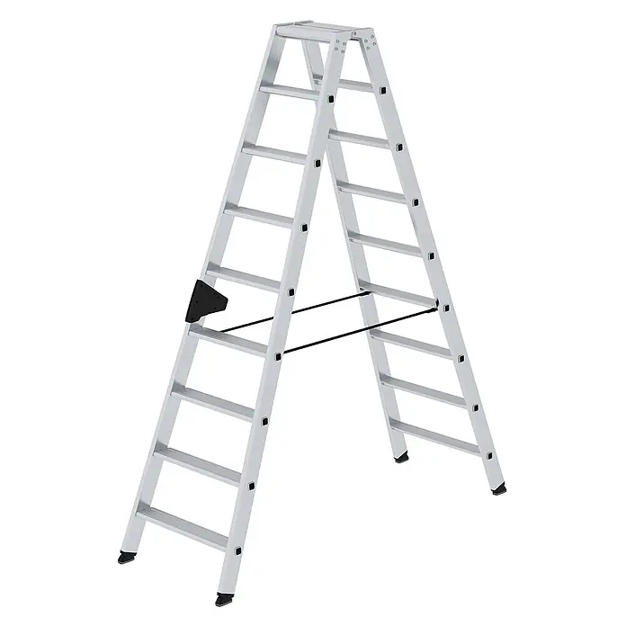Munk Stehleiter Stehleiter mit ergo-pad beidseitig begehbar 2x9 Stufen - Anzahl Tritte: 9 Stk., Arbeitshöhe: 3.750 m, Aluminium - Silberne Aluminium-Stehleiter mit schwarzen Spreizsicherungen und rutschfesten Füßen.