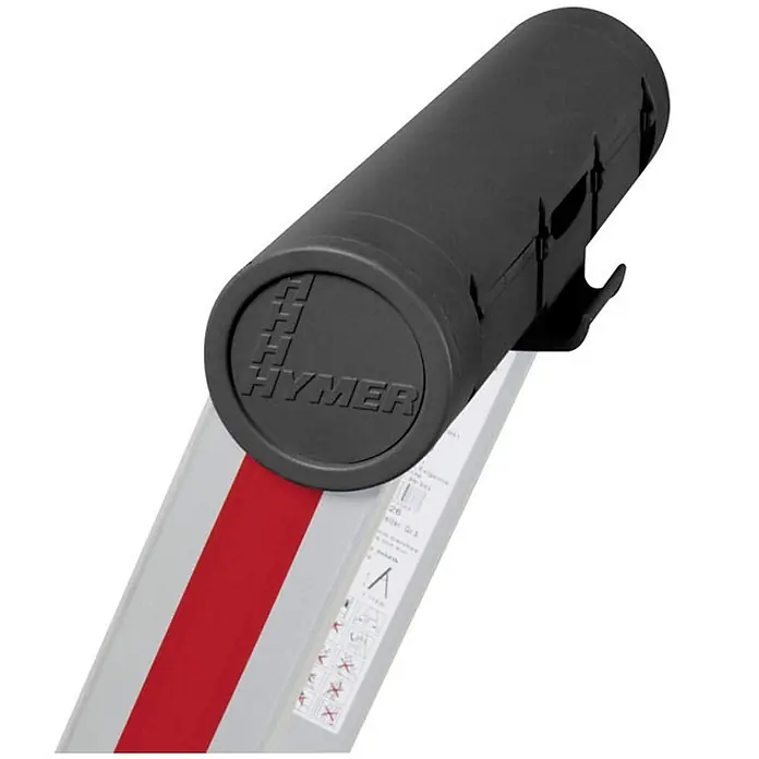 Hymer Stehleiter Stufenstehleiter mit Plattform und Ablageschale 8 Stufen - Anzahl Tritte: 8 Stk., Arbeitshöhe: 3.810 m, Aluminium - Schwarze Kunststoff-Aufbewahrungsrolle mit geprägtem HYMER-Logo, zur Befestigung an einer Leiter.