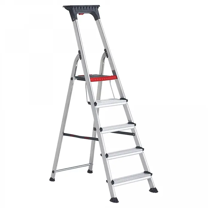 Altrex Stehleiter Double Decker Haushalts-Stufenleiter 5 Stufen - Anzahl Tritte: 5 Stk., Arbeitshöhe: 3.050 m, Aluminium - Silberne Aluminium-Klappleiter mit fünf breiten Stufen, schwarzer Ablage und roten Sicherheitsakzenten. Mit rutschfesten Füßen.
