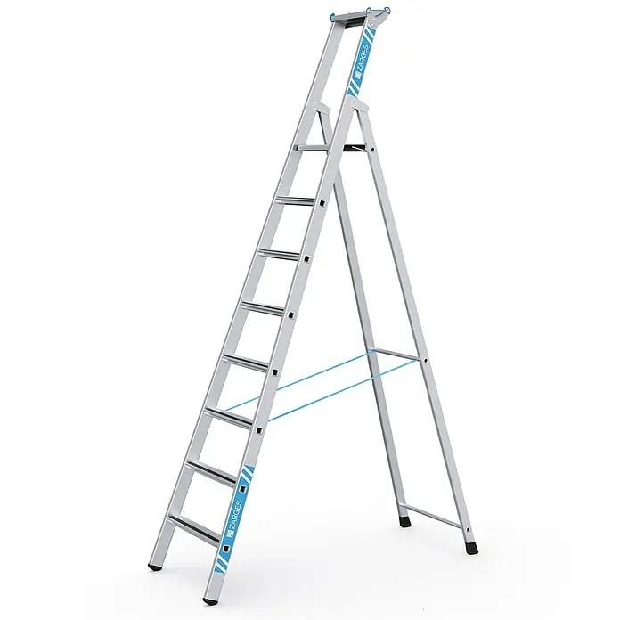 Zarges Stehleiter gebördelte Stehleiter Saferstep S eloxiert 8 Stufen - Anzahl Tritte: 8 Stk., Arbeitshöhe: 4.150 m, Aluminium - Robuste silberfarbene Aluminium-Stehleiter mit rutschfesten Sprossen, schwarzen Füßen und blauen Stabilisierungsbändern.